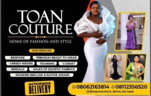 For your Training with latest Fashion Designs and equipments. For your Bridal's wears, Aso-Ebi, School Uniforms, others visit us at Gbongan Road, Opposite DSS Beside BOVAS Filling Station, Osogbo, Osun State or call 08062163814 or 08112356520
