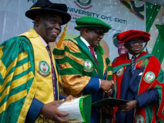 L-R. Vice Chancellor, Federal University, Oye-Ekiti, Prof. Abayomi Fasina, Chairman/CEO. Air Peace, Dr. Allen Onyema and Pro-Chancellor, Federal University, Oye-Ekiti, Senator, Udo Udoma at the 9th Convocation Ceremony of Federal University, Oye-Ekiti.